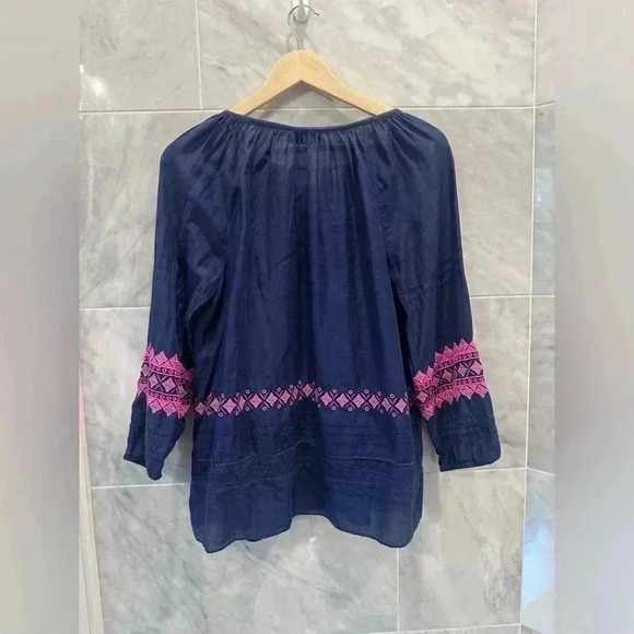 Vineyard Vines Navy Blue with Pink Detail Cotton Silk Blend Blouse, Size Medium - Picture 7 of 9